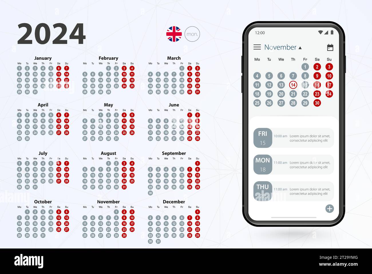 Calendar app for Cell phone, vector calendar 2024 week stars from