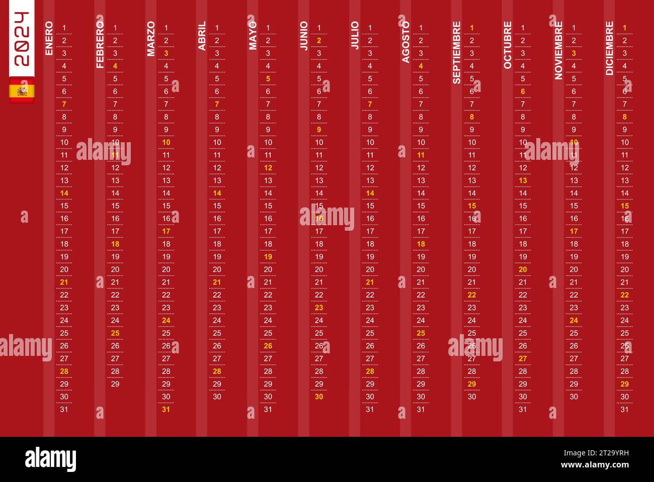 Onerow vertical calendar for the year 2025 in Spanish. Spanish
