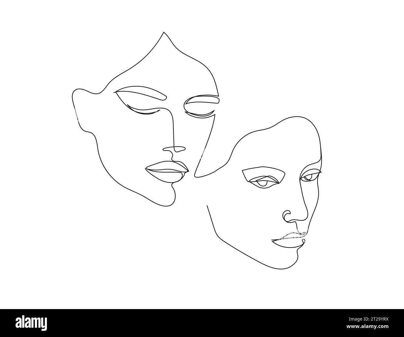 Vector minimalist style portrait. Line, continuous linear two women ...