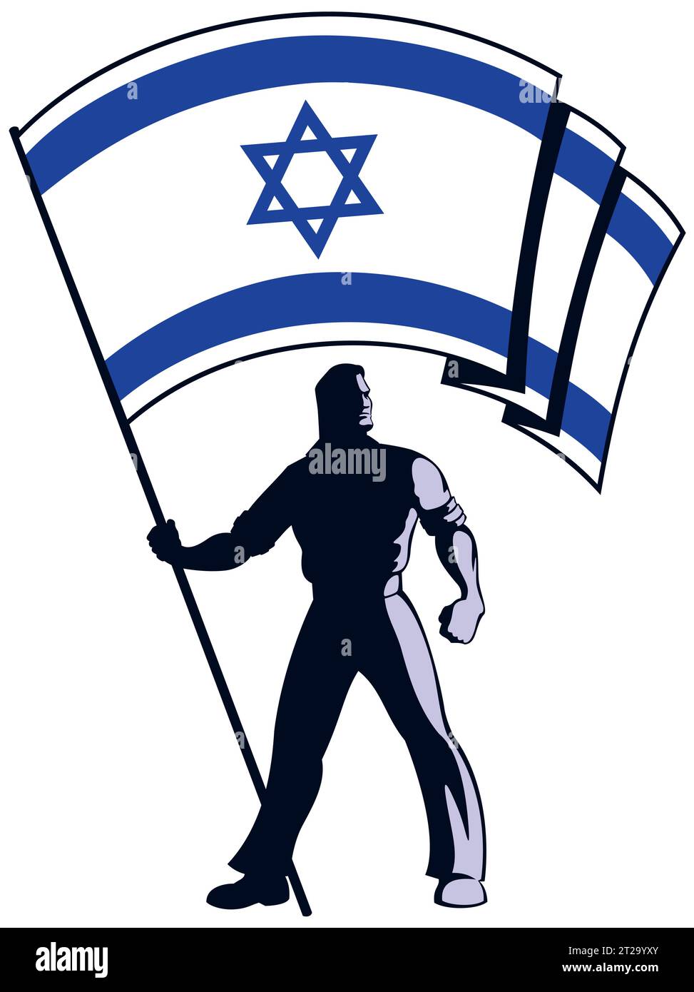 Silhouetted figure holding the Israeli flag aloft, over white background, showcasing national pride and strength in a vintage style design. Stock Vector