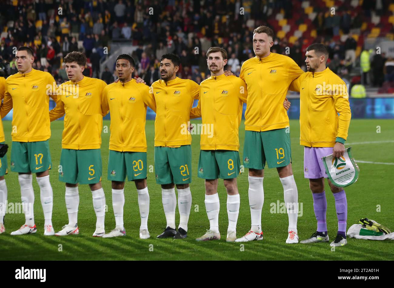 Massimo Luongo of Australia & Ipswich Town with his team mates during the national anthem. - Australia v New Zealand, International Friendly Match, Gtech Community Stadium, Brentford, London, UK - 17th October 2023. Editorial Use Only - DataCo restrictions apply Stock Photo