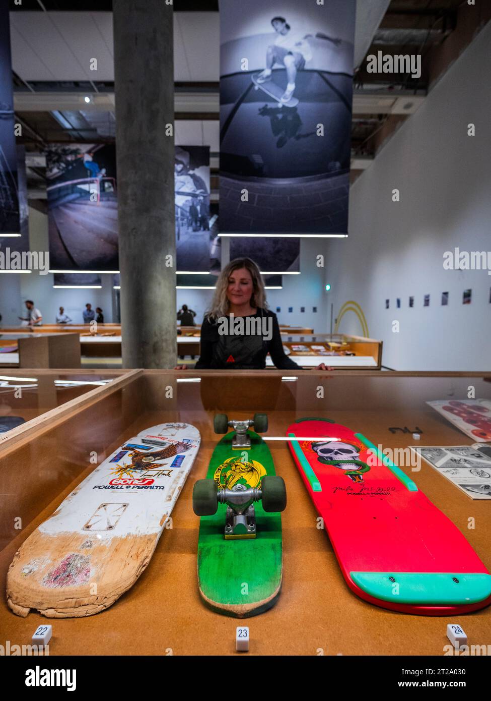 London, UK. 18th Oct, 2023. Tony Hawk's first professional board (L) - Skateboard exhibition at the Design Museum. The first major UK exhibition to map the design evolution of the skateboard from the 1950s to today. With over 90 rare and unique boards, alongside 150 other objects. Credit: Guy Bell/Alamy Live News Stock Photo