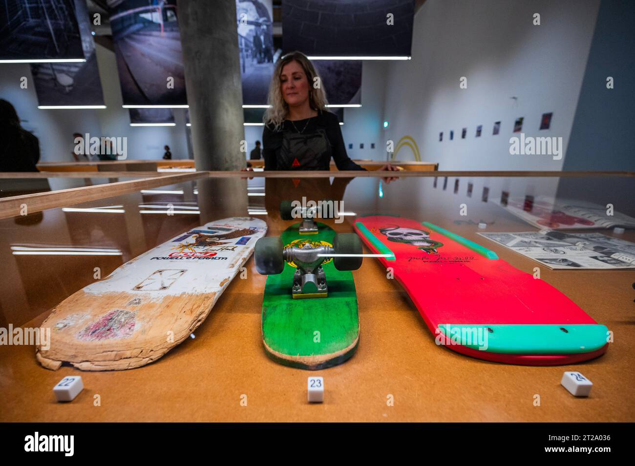 London, UK. 18th Oct, 2023. Tony Hawk's first professional board (L) - Skateboard exhibition at the Design Museum. The first major UK exhibition to map the design evolution of the skateboard from the 1950s to today. With over 90 rare and unique boards, alongside 150 other objects. Credit: Guy Bell/Alamy Live News Stock Photo