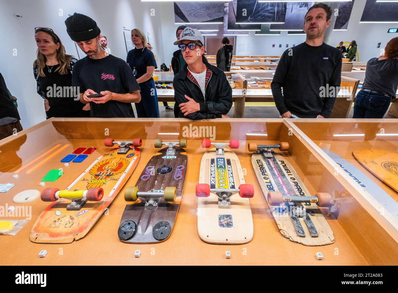 London, UK. 18th Oct, 2023. Late 70's boards - Skateboard exhibition at the Design Museum. The first major UK exhibition to map the design evolution of the skateboard from the 1950s to today. With over 90 rare and unique boards, alongside 150 other objects. Credit: Guy Bell/Alamy Live News Stock Photo