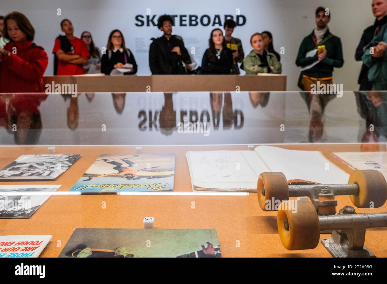 London, UK. 18th Oct, 2023. Skateboard exhibition at the Design Museum. The first major UK exhibition to map the design evolution of the skateboard from the 1950s to today. With over 90 rare and unique boards, alongside 150 other objects. Credit: Guy Bell/Alamy Live News Stock Photo