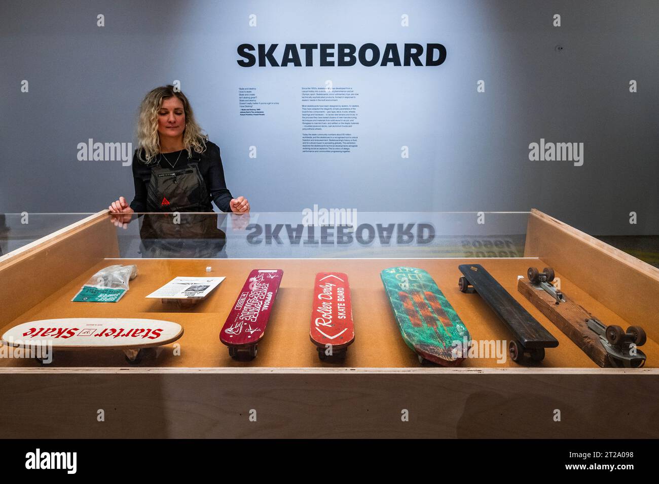 London, UK. 18th Oct, 2023. The first skateboards from 1953 (L) to 1957 - Skateboard exhibition at the Design Museum. The first major UK exhibition to map the design evolution of the skateboard from the 1950s to today. With over 90 rare and unique boards, alongside 150 other objects. Credit: Guy Bell/Alamy Live News Stock Photo