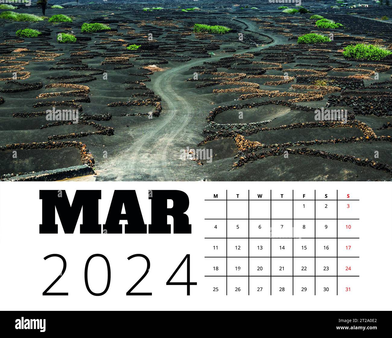 Print calendar template 2024 march month with Lanzarote vineyard nature