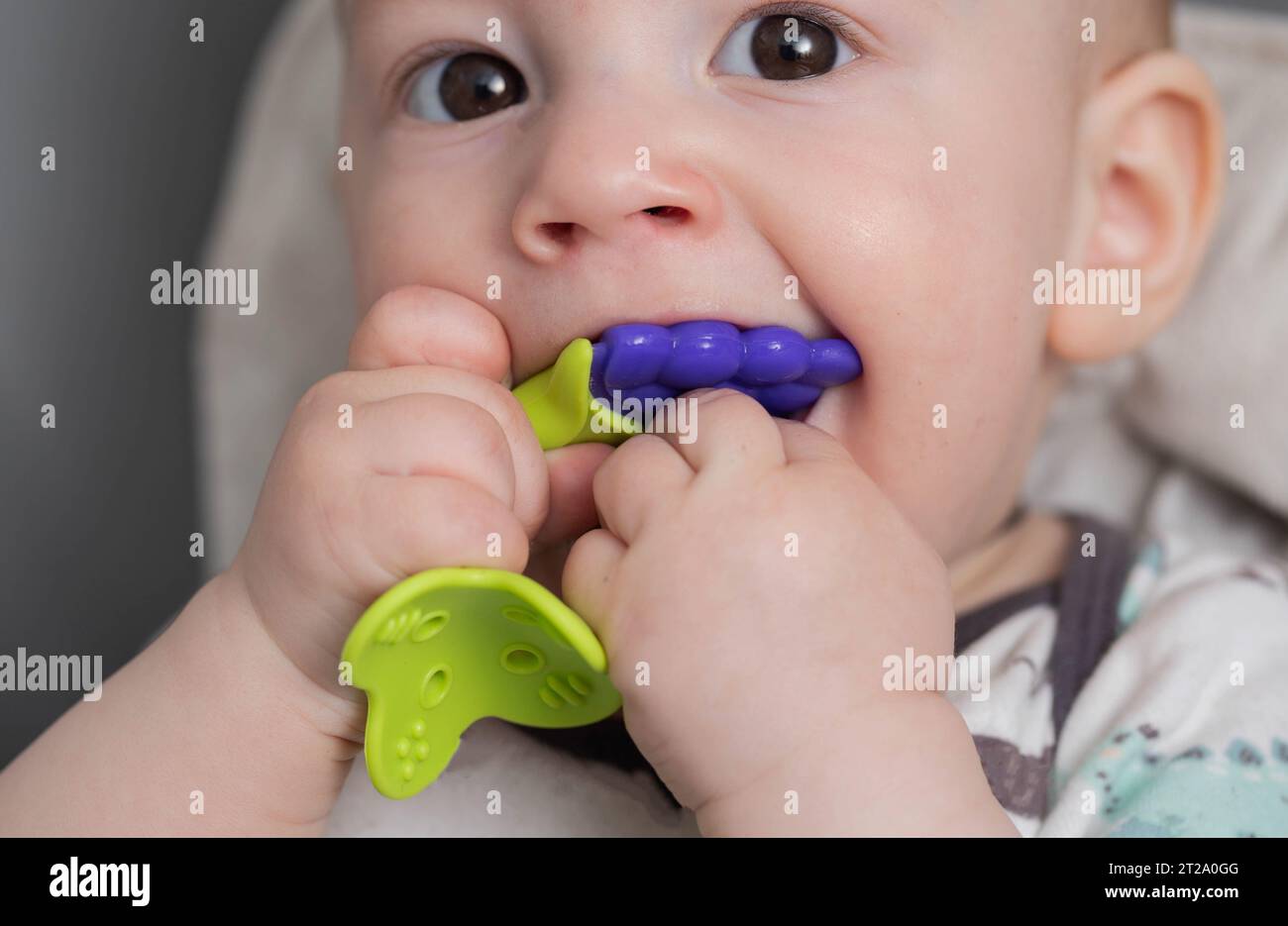 A child caucasian boy at the age of one year bites a dental toy