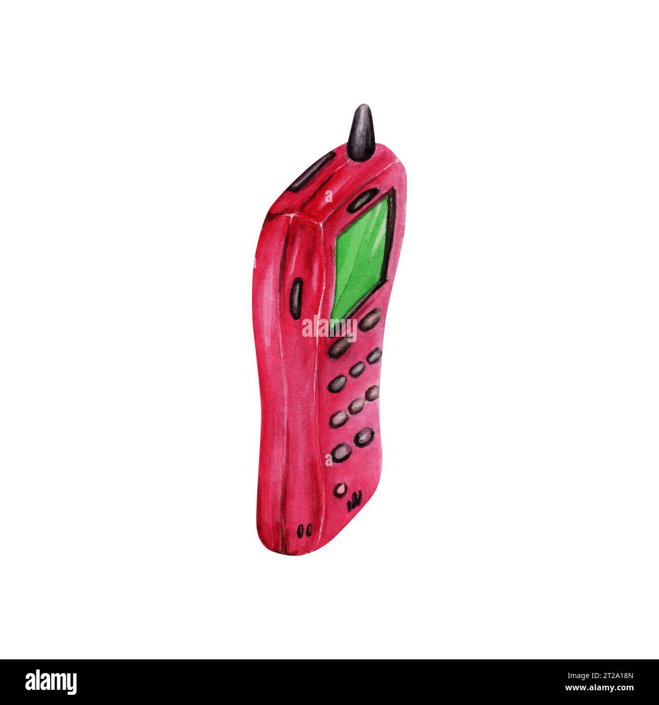 Side view of a pink 1990s mobile phone with antenna. Hand drawn watercolor illustration isolated on white background. Funky cellphone from 90s era. Stock Photo