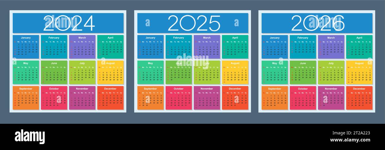 Colorful calendar for 2024, 2025 and 2026 years. Week starts on Sunday