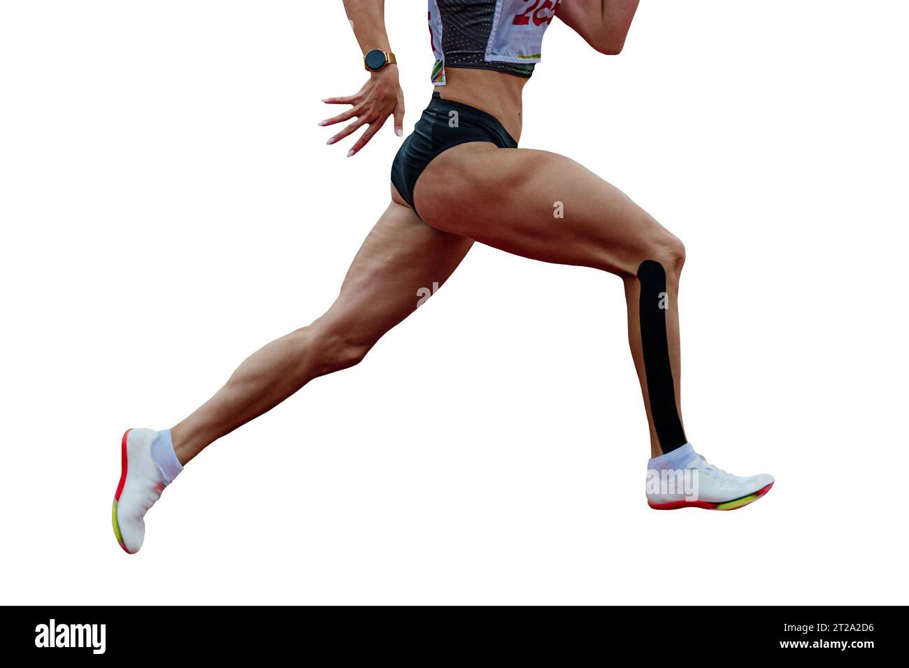 close-up female runner sprinter running track stadium isolated on white background Stock Photo