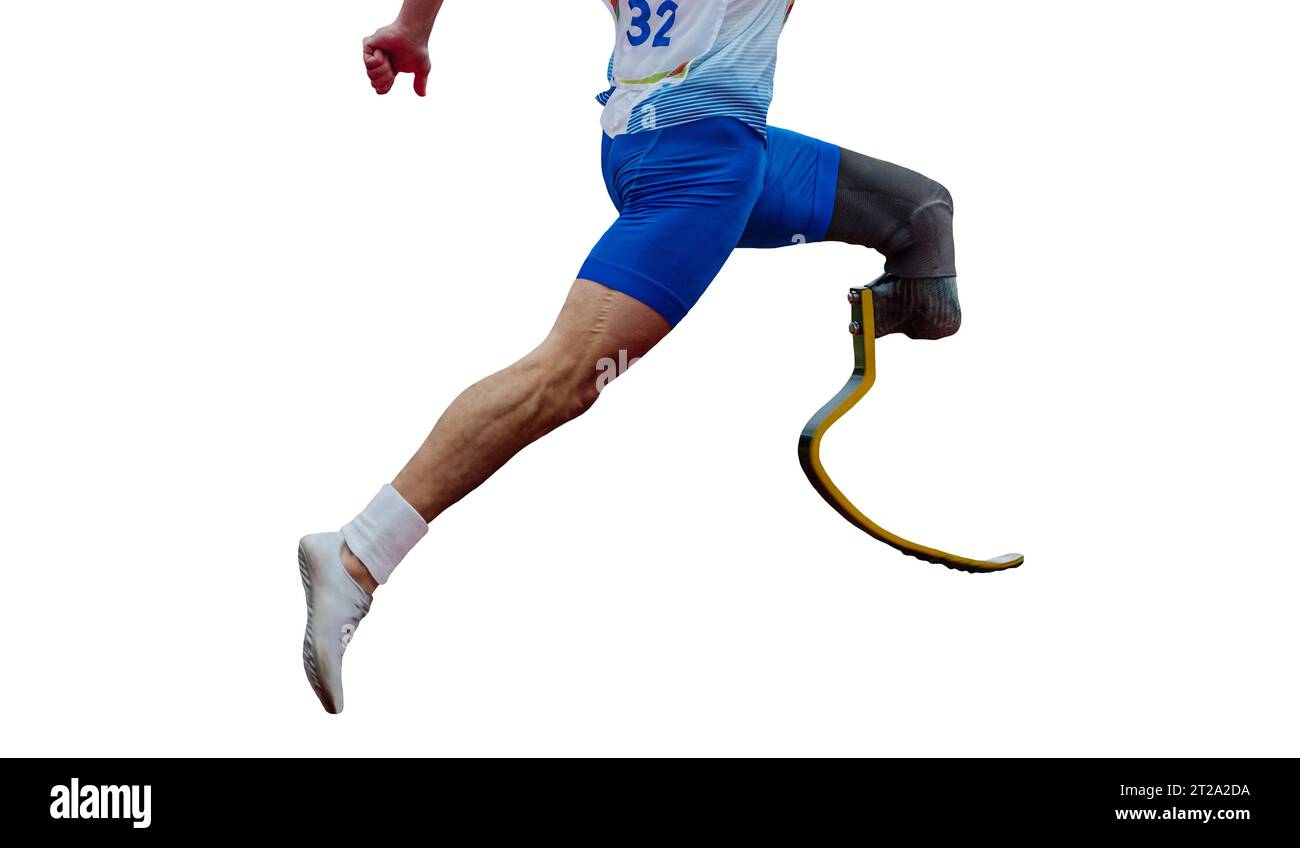 athlete runner sprinter on prosthesis running stadium track, isolated on white background Stock Photo