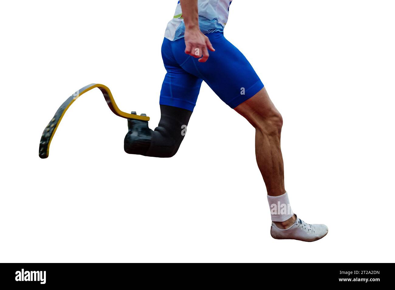 male runner para-athlete on prosthesis running track stadium, isolated on white background Stock Photo