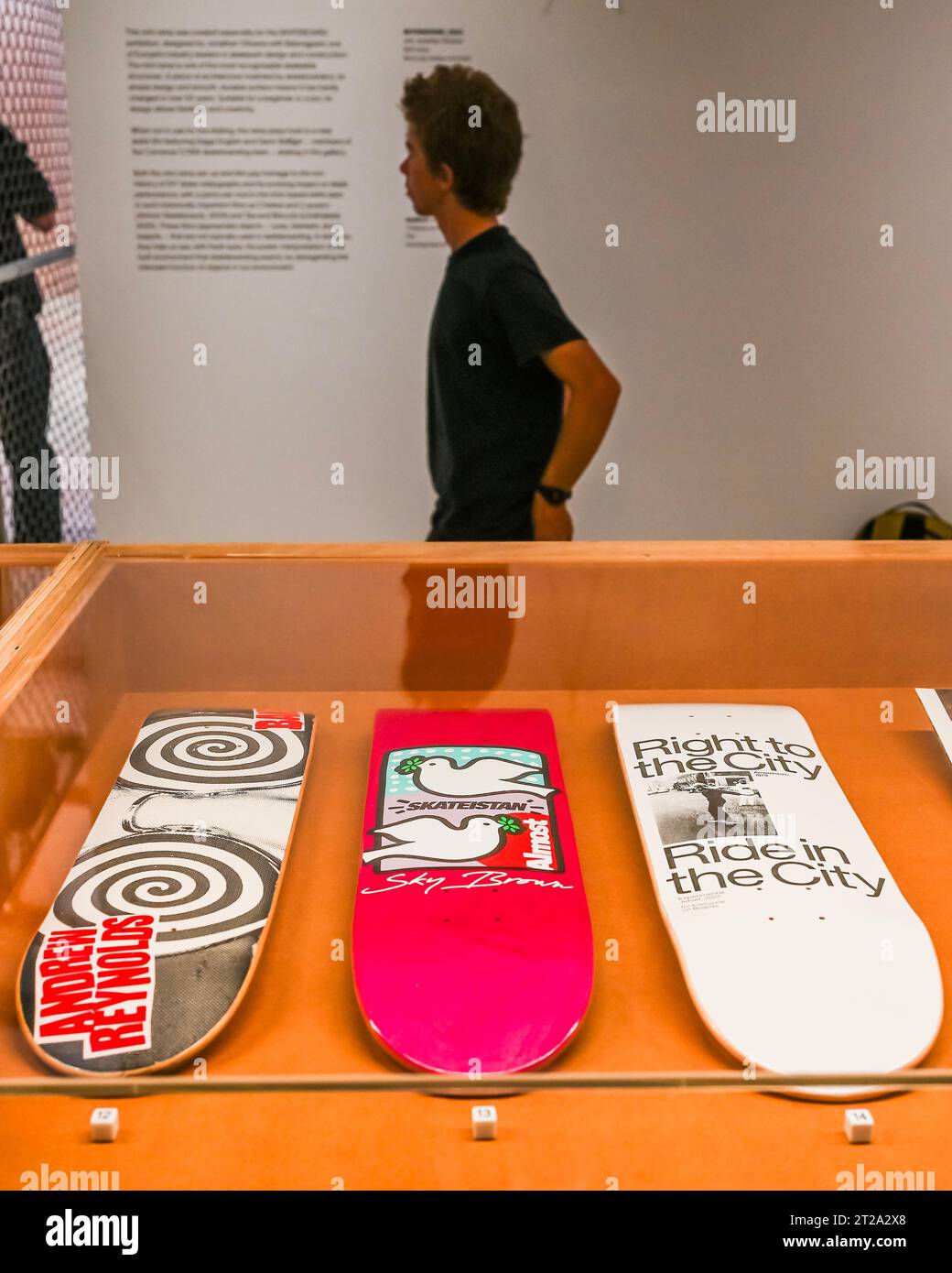 London, UK. 18th Oct, 2023. Almost 16, Sky Brown's first pro deck - Skateboard exhibition at the Design Museum. The first major UK exhibition to map the design evolution of the skateboard from the 1950s to today. With over 90 rare and unique boards, alongside 150 other objects. Credit: Guy Bell/Alamy Live News Stock Photo