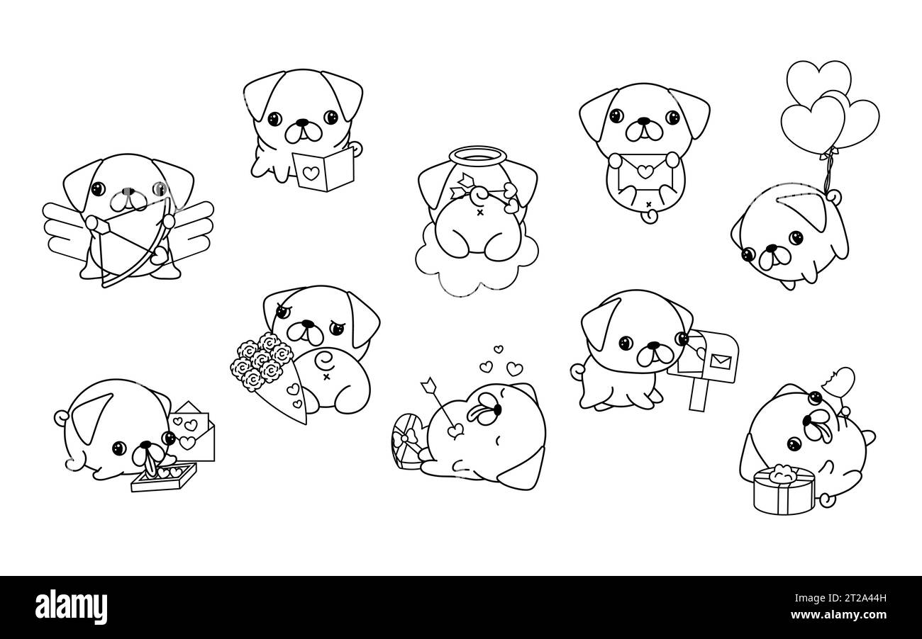 Collection of Vector Kawaii Pug Dog Coloring Page in Love. Set of ...