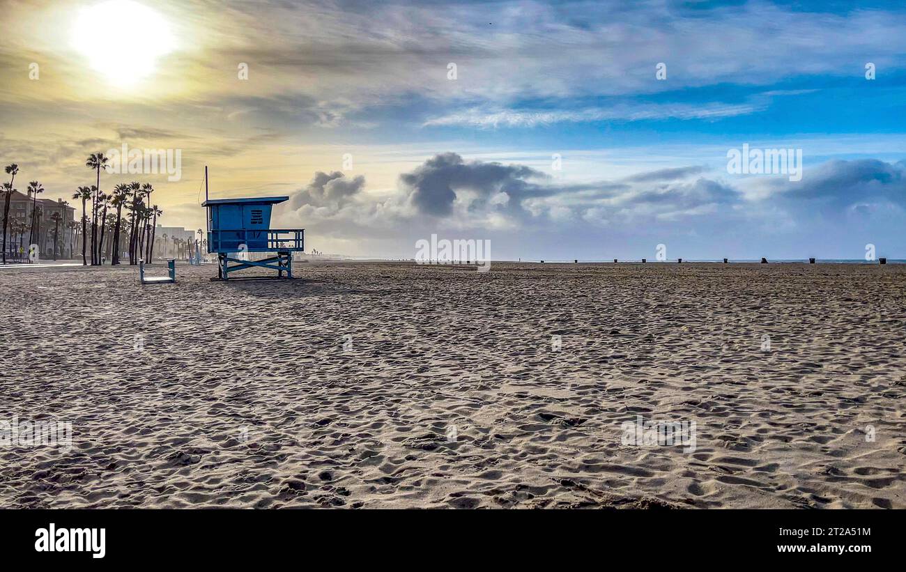 Lifeguard huts at sunrise on the famous and beautiful Santa Monica Beach in California of the United States of America. Stock Photo