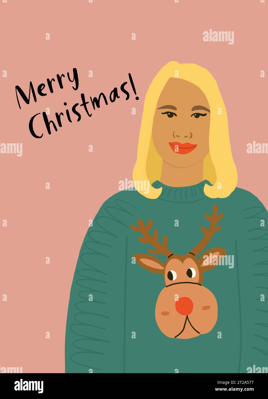 Cute Christmas postcard with beautiful blond girl wearing ugly Christmas sweater with reindeer. Christmas postcard with woman. Vector illustration Stock Vector