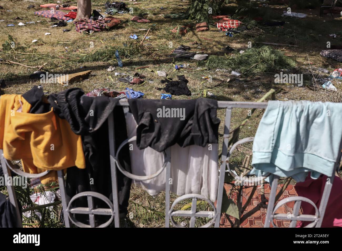 Gaza City, Palestinian Territories. 18th Oct, 2023. People's belongings are seen following the attack on the Ahli Arab Hospital, which killed dozens of civilians. Credit: Mohammad Abu Elsebah/dpa/Alamy Live News Stock Photo