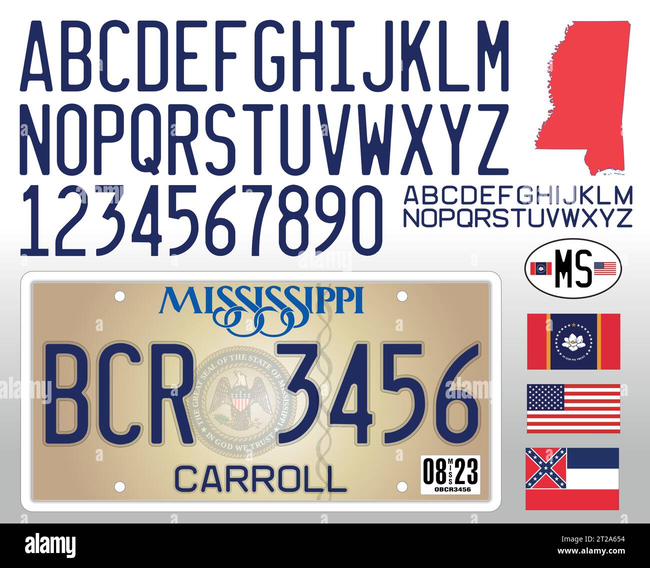 Mississippi car license plate 2023 with letters, numbers and symbols