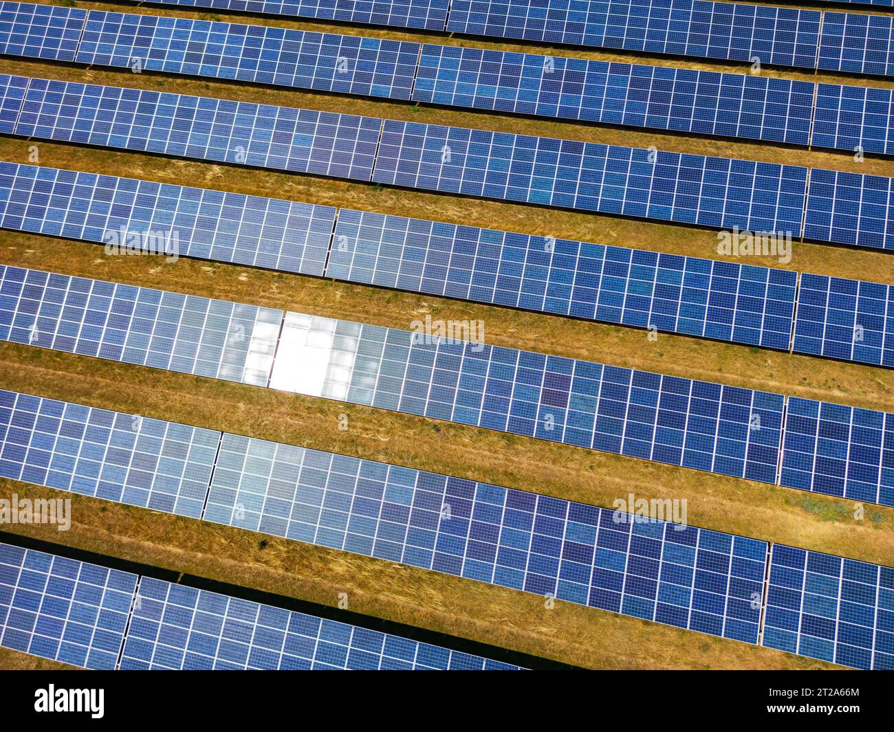 Close up of a solar power plant generating solar electricity over many rows of solar panels on a sunny day, Germany Stock Photo