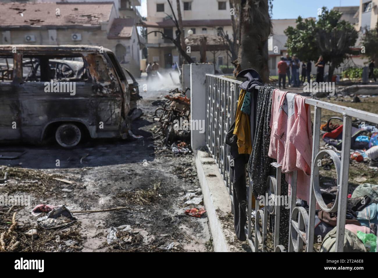 Gaza City, Palestinian Territories. 18th Oct, 2023. People's belongings are seen following the attack on the Ahli Arab Hospital, which killed dozens of civilians. Credit: Mohammad Abu Elsebah/dpa/Alamy Live News Stock Photo