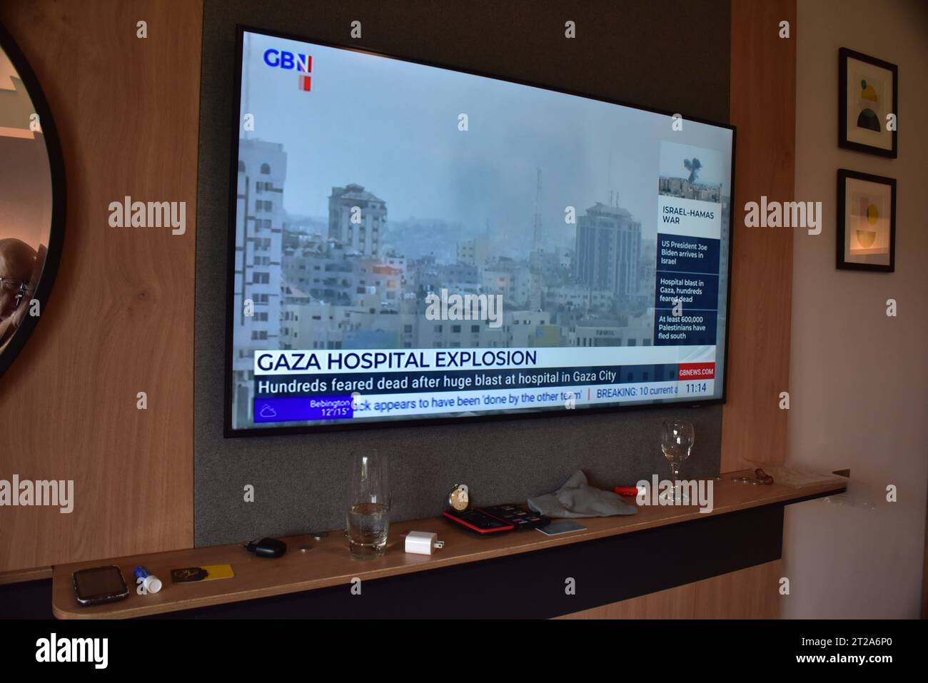 18th October,  2023. Various major TV channels report assertions on their chyrons of who was responsible for the bomb blast at the hospital in Gaza which killed hundreds, possibly thousands of people. Sky News reports the IDF press conference with evidence that it was caused by an Islamic Jihad misfired rocket, showing an infrared photo of the car park, saying there are no missile craters Al Jazeera reports assertions it was carried out by Israel. The UK Foreign Office advises British citizens against all travel to Lebanon due to the risks as protesters take to the streets in Beirut. Stock Photo
