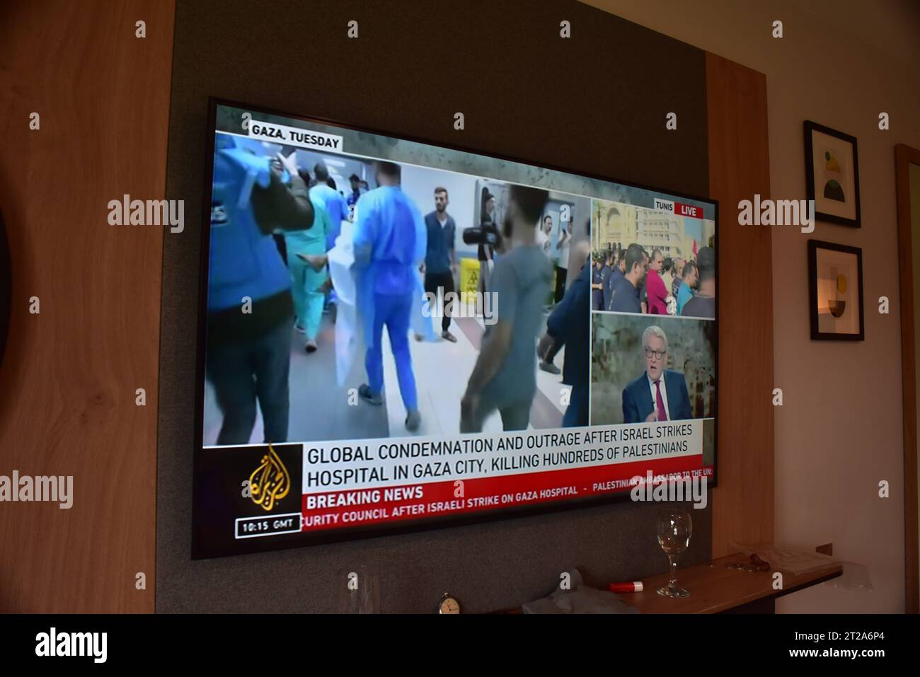 18th October,  2023. Various major TV channels report assertions on their chyrons of who was responsible for the bomb blast at the hospital in Gaza which killed hundreds, possibly thousands of people. Sky News reports the IDF press conference with evidence that it was caused by an Islamic Jihad misfired rocket, showing an infrared photo of the car park, saying there are no missile craters Al Jazeera reports assertions it was carried out by Israel. The UK Foreign Office advises British citizens against all travel to Lebanon due to the risks as protesters take to the streets in Beirut. Stock Photo