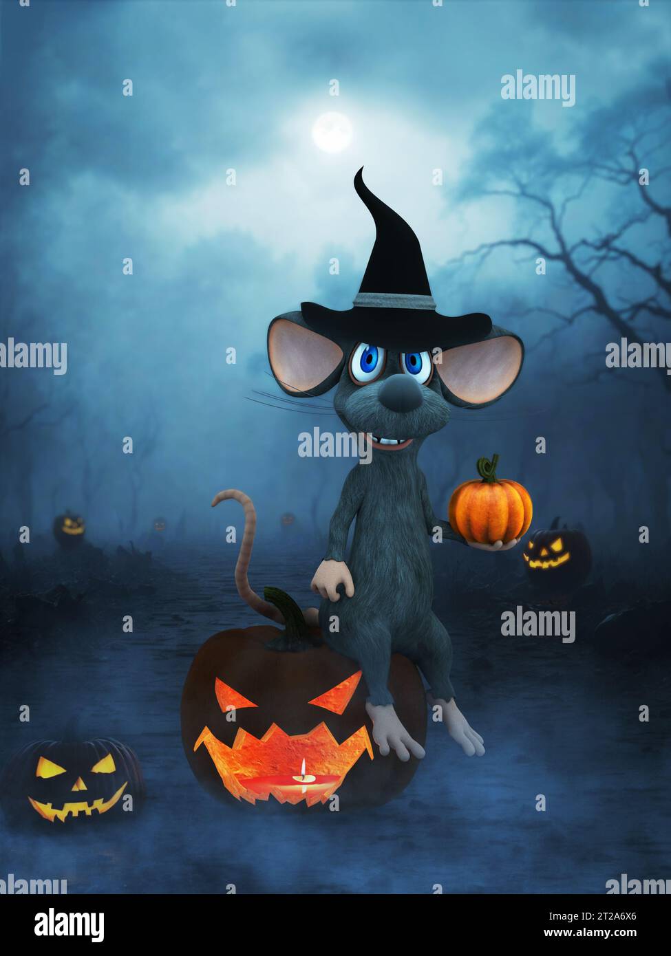 3D rendering of a cute smiling cartoon mouse wearing a witch hat ...