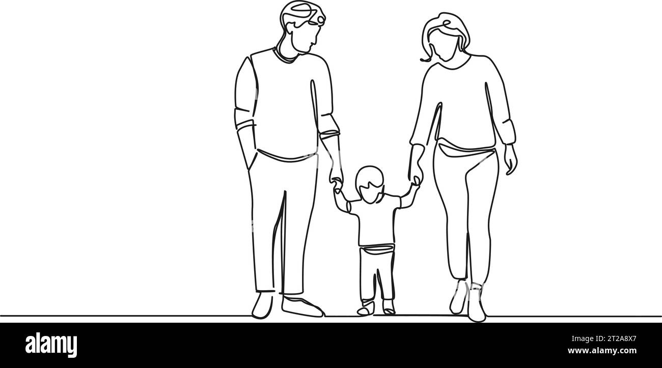 continuous single line drawing of parents walking with child in middle holding hands, happy family line art vector illustration Stock Vector