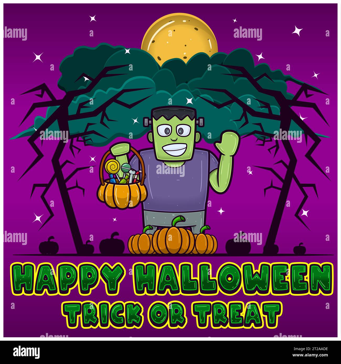Green Zombie Holding Candy. Happy Halloween. Trick or Treat. Greeting Card, Invitation and Poster. Vectors and Illustrations. Stock Vector
