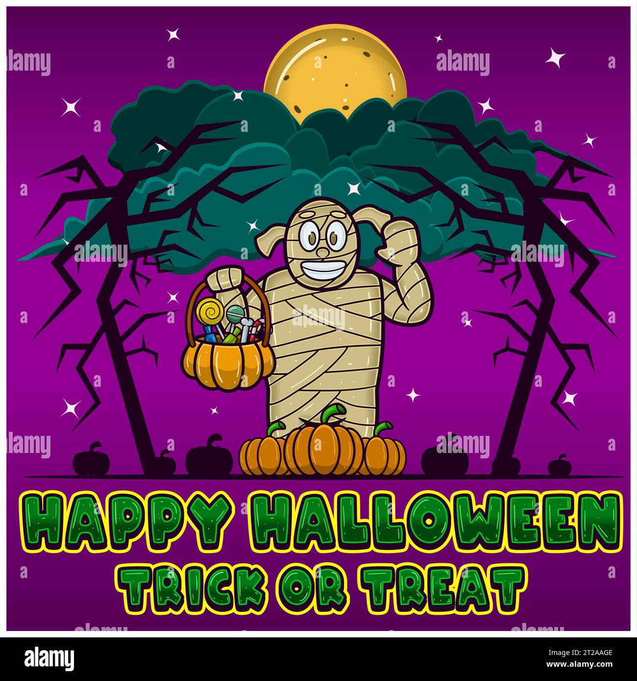 Mummy Holding Candy. Happy Halloween. Trick or Treat. Greeting Card, Invitation and Poster