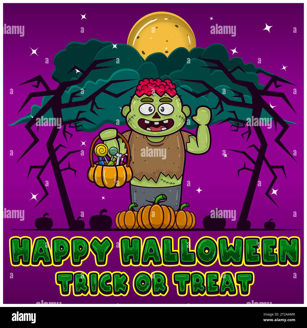 Zombie Holding Candy. Happy Halloween. Trick and Treat. Greeting Card, Invitation and Poster. Vectors and Illustrations. Stock Vector