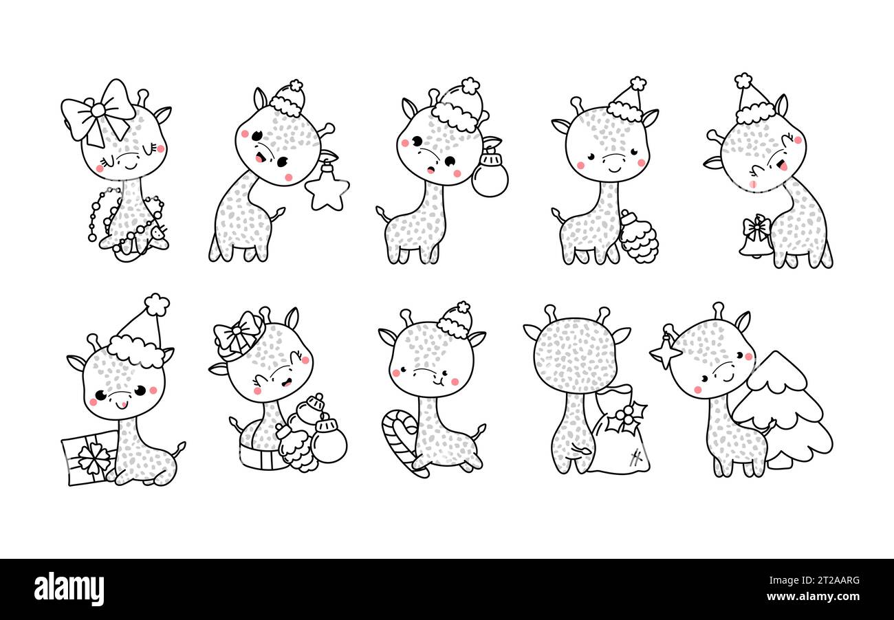Set of Vector Christmas Giraffe Coloring Page. Collection of Kawaii Isolated New Year Animal Outline Stock Vector