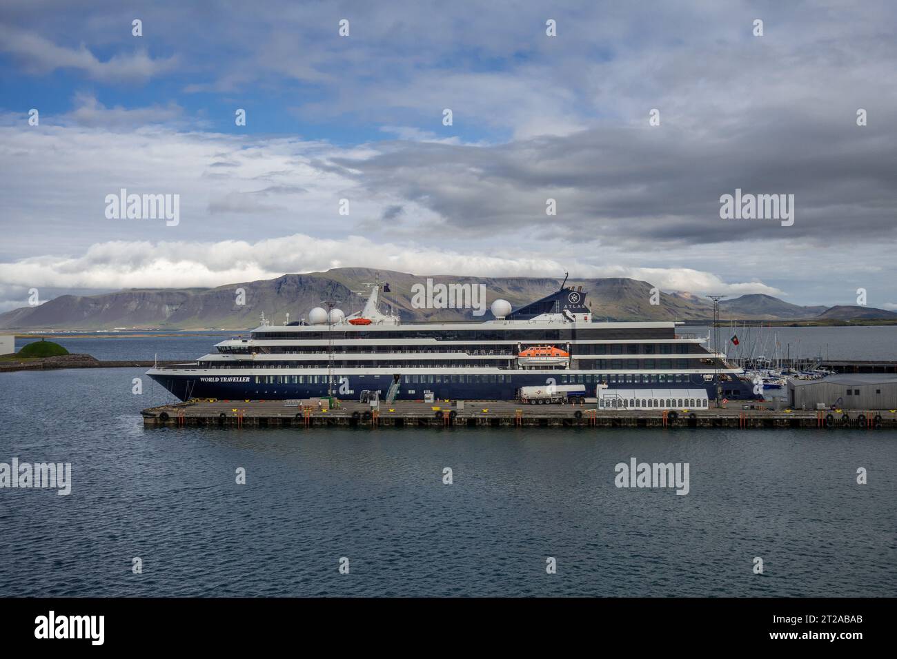 Atlas Ocean Voyages World Traveller Small Yacht-Style Cruise Ship In Port Reykjavik Iceland Stock Photo