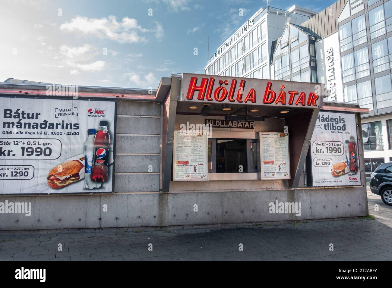 Hlolla Batar Fast Food Stand Reykjavik Iceland Advertising Sandwich Sub Combo Meal With Pepsi Soda In Downtown Reykjavik Iceland Stock Photo