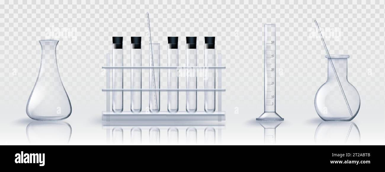 Glass laboratory chemical measuring flasks and test tubes in realistic