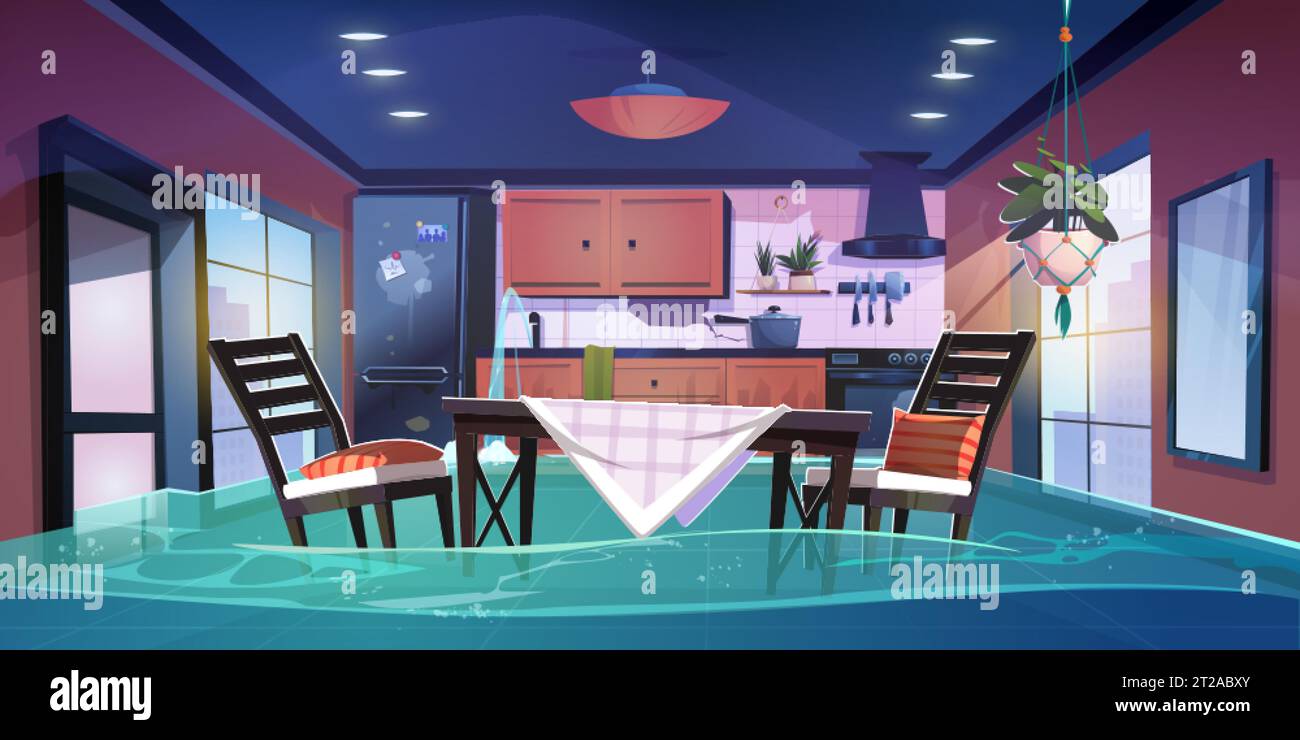 Flood in broken kitchen house room vector cartoon background. Pipe leak insurance problem in abandoned messy home. Leakage disaster damage on day scen Stock Vector