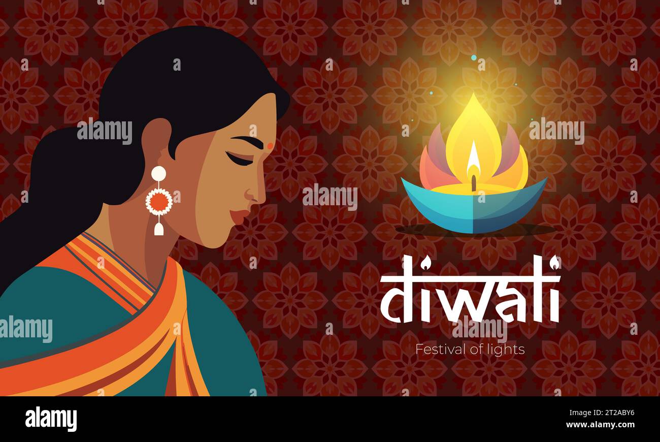 Indian holiday Happy Diwali horizontal banner. Deepavali India festival of lights print. Hindu traditional celebration background with beautiful worshiping woman and diya oil lamp. Creative art design Stock Vector