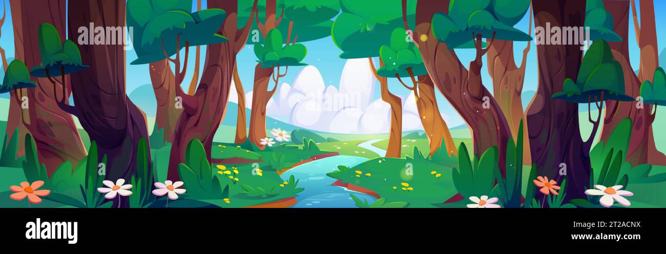 Forest river and meadow cartoon landscape. Horizontal panoramic vector background with stream flowing between trees, green grass and flowers. View fro Stock Vector