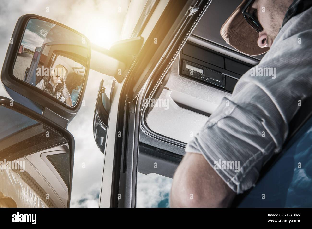 Middle Age Caucasian Semi Truck Driver Inside the Vehicle Cabin Close ...