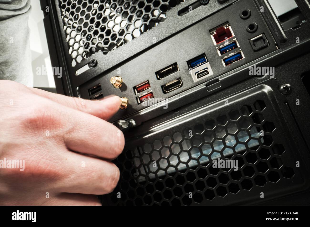 Building New Modern Computer. Rear Machine Side with All Necessary ...