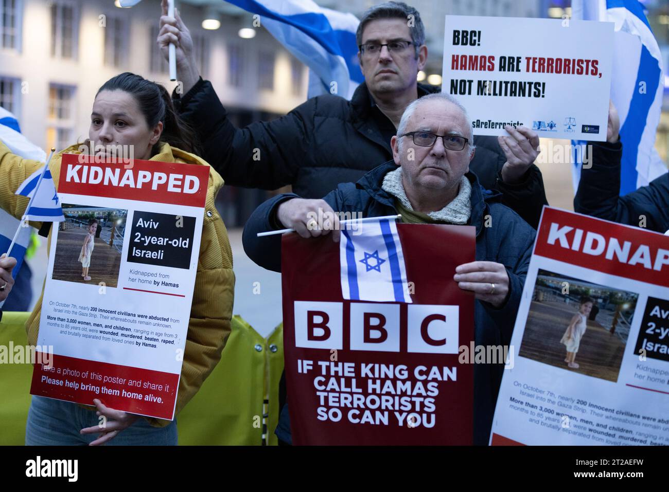 Pro-Israeli activists protest outside British Broadcasting House at Portland Place against the BBC's failure to call Hamas 'terrorists'. 16th October Stock Photo