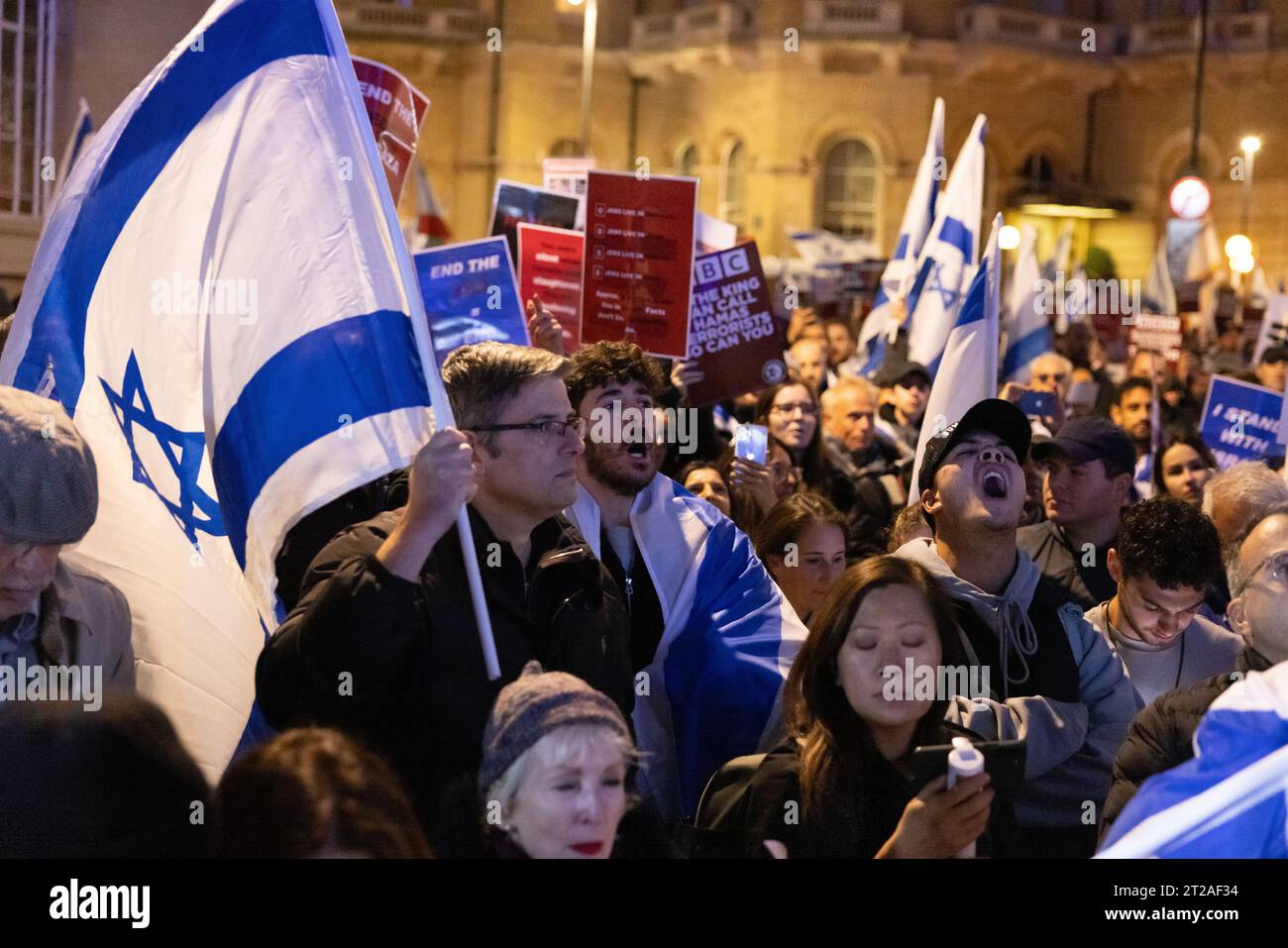 Pro-Israeli activists protest outside British Broadcasting House at Portland Place against the BBC's failure to call Hamas 'terrorists'. 16th October Stock Photo