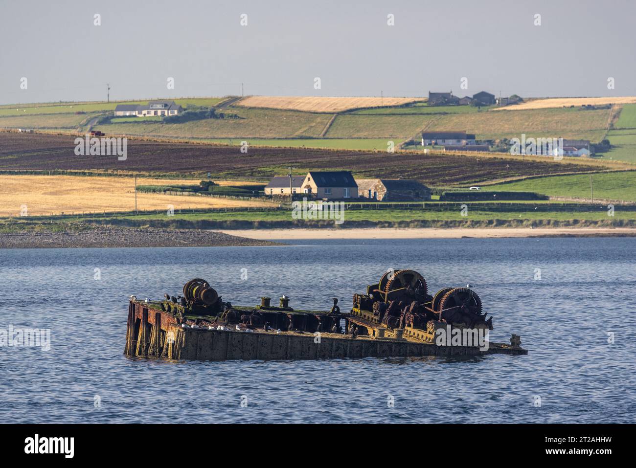 Sunken ship near Churchill Barrier 2, from Lamb Holm, Scapa Flow, Orkney Islands, Scotland, UK Stock Photo