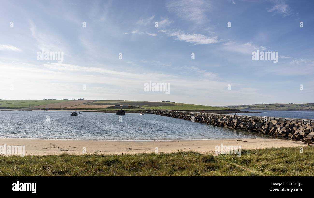 Churchill Barrier 3 and Sunken Ships from Glimps Holm, Scapa Flow, Orkney Islands, Scotland, UK Stock Photo