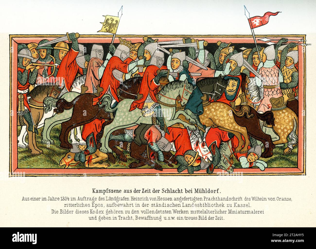 Miniature of the Battle of Mühldorf (year 1322) between the Bavarian dinasty Wittelsbach and the Austrian Habsburg for the rule over the Holy Roman Empire ending with the victory of German king Louis of Wittelsbach, Kassel Landesbibliothek Stock Photo