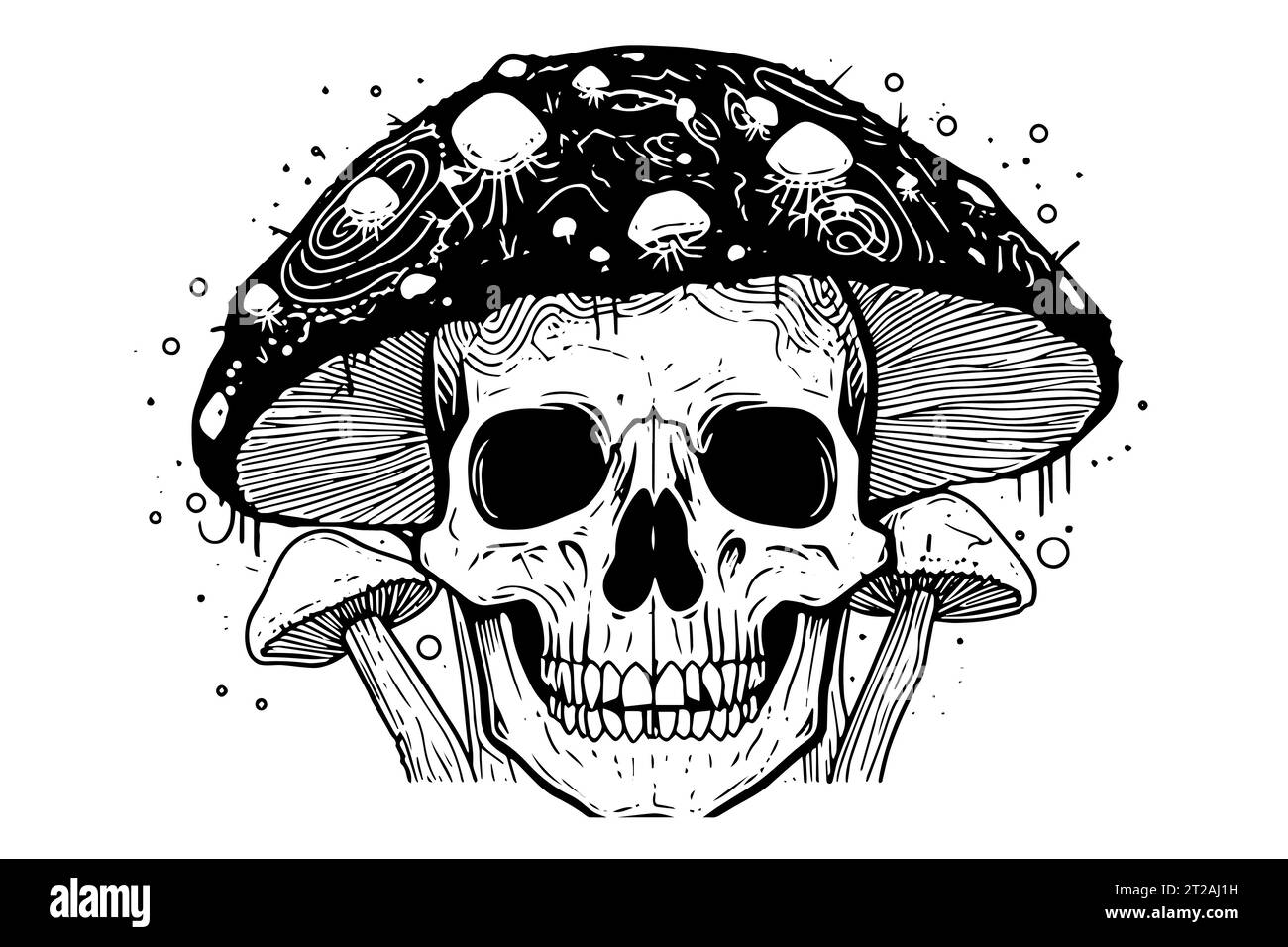 Mushroom skull hand drawn ink sketch. Engraved style vector