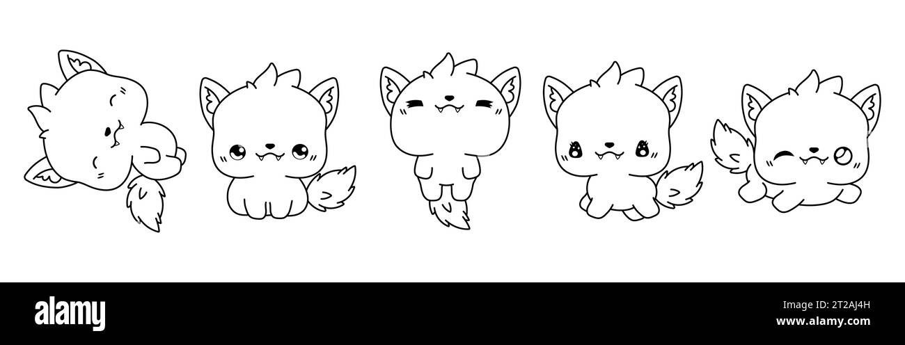 Collection of Vector Cartoon Wolf Coloring Page. Set of Kawaii Isolated Animal Outline  Stock Vector