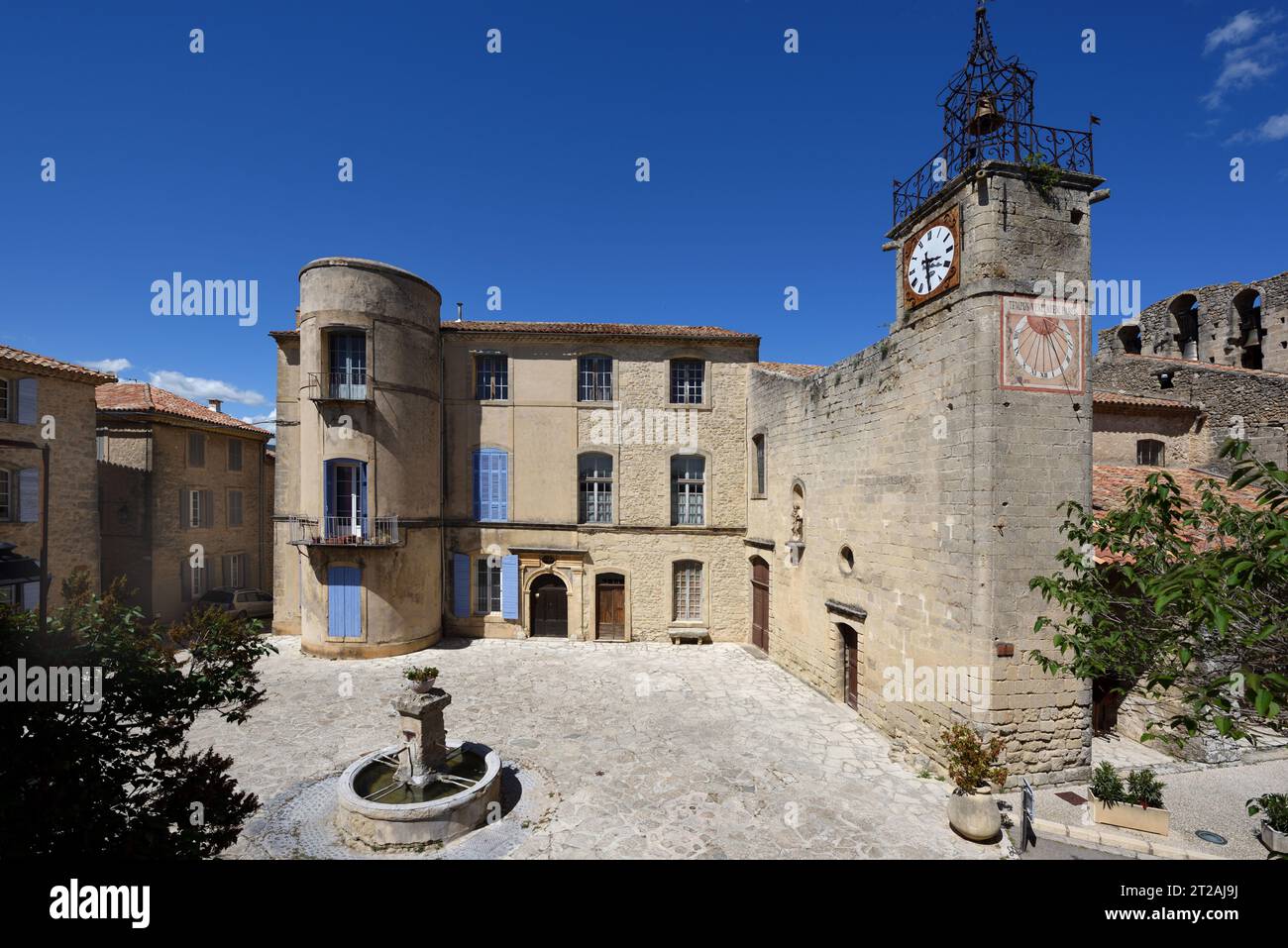Château Grambois or Grambois Chateau, Courtyard, Belfry & Campanile of Church Grambois Luberon Provence France Stock Photo
