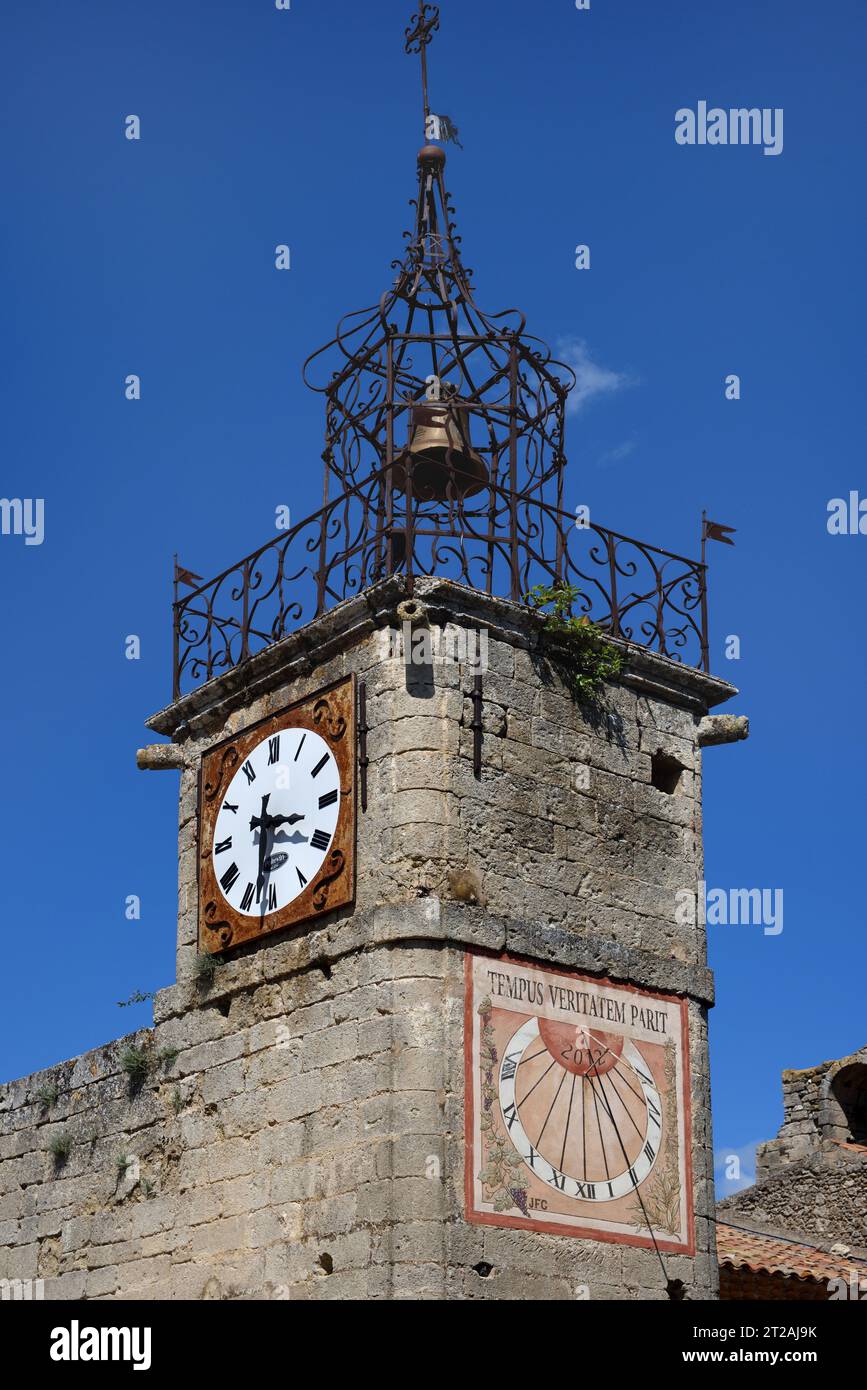 Belfry, Church Tower, Clock Tower, Campanile & Painted Sundial, Grambois Vaucluse Provence France Stock Photo